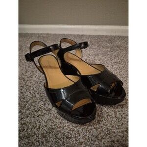 Salvatore Ferragamo Black Patent Leather Ankle Strap Wedge Sandals Size 8.5M